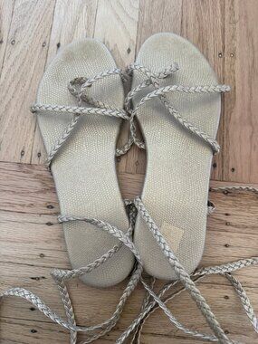 Gold Braided Lace-Up Flat Sandals EUR 40